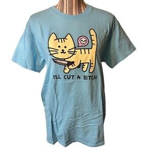 Spencer's T-Shirt Medium Unisex Aqua Blue Cat Humor “I’ll Cut a B*” 100% Cotton
